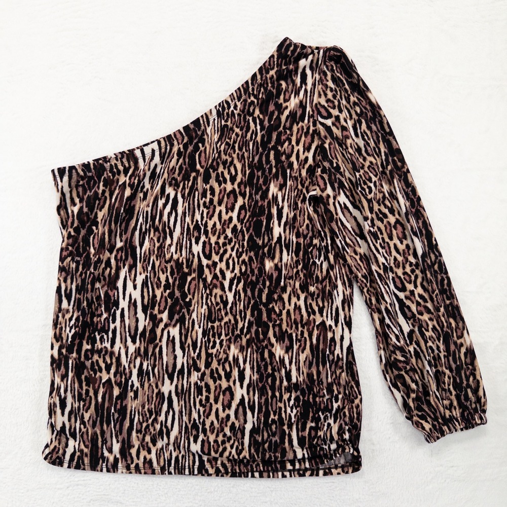 Maurices One Shoulder Top Large Brown Leopard Print Stretch Knit Mob Wife New - Picture 3 of 11
